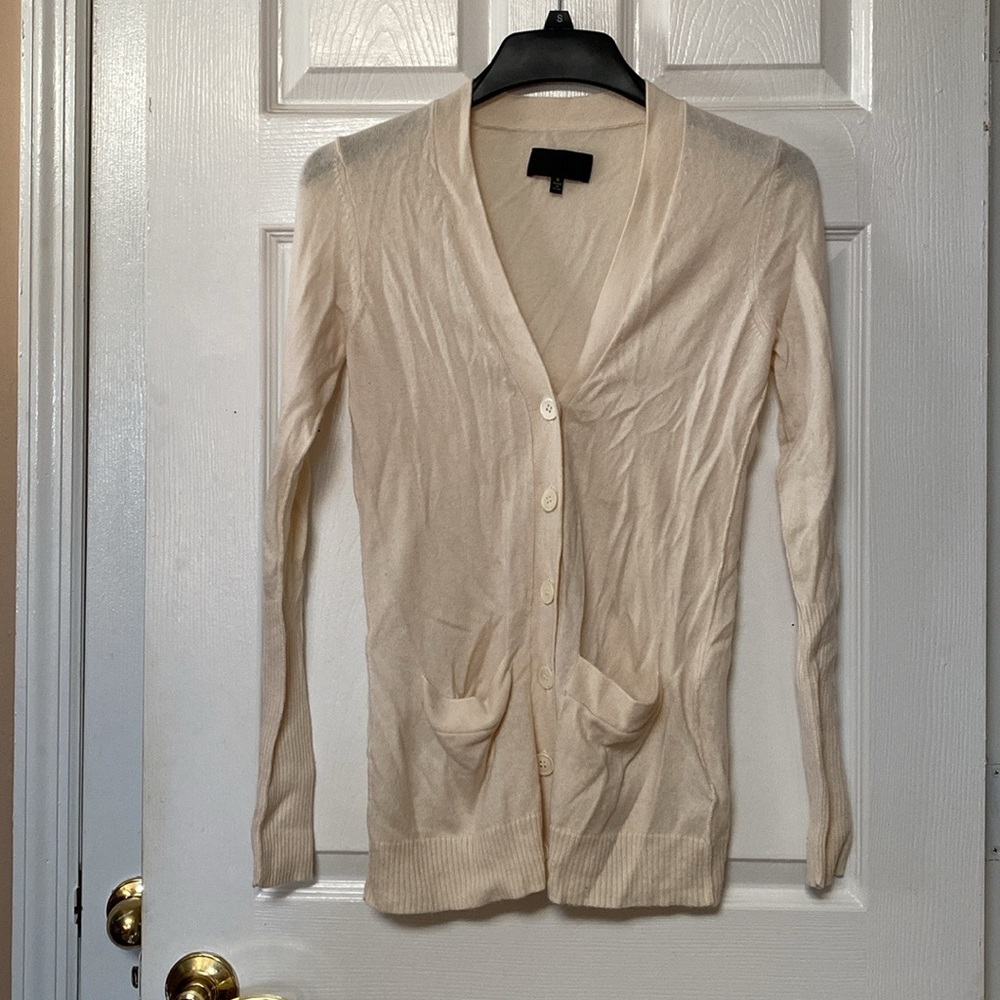 Nili Lotan 18-8 Ivory Button Down V- Neck Cashmere Cardigan Sweater Knit